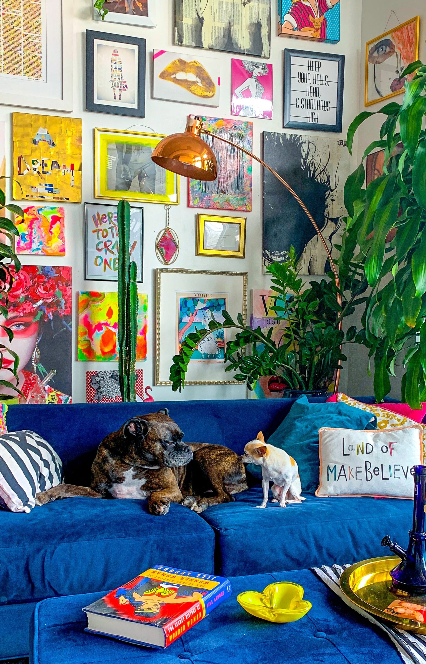 two dogs sitting on a blue couch in a living room